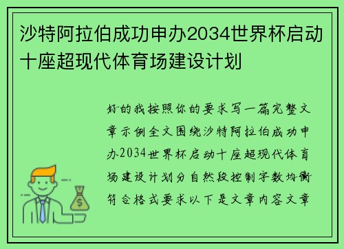 沙特阿拉伯成功申办2034世界杯启动十座超现代体育场建设计划 沙特阿拉伯成功申办2034世界杯启动十座超现代体育场建设计划