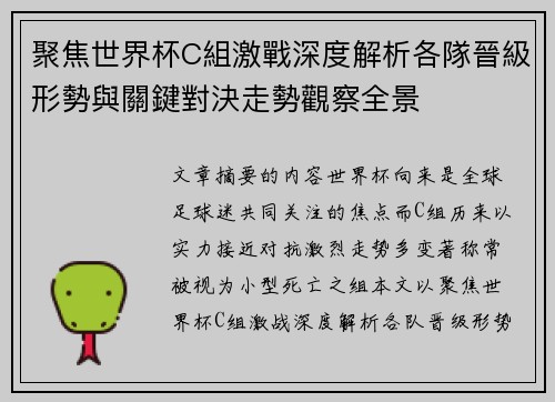 聚焦世界杯C組激戰深度解析各隊晉級形勢與關鍵對決走勢觀察全景